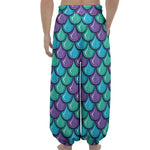 Teal Mermaid Scales Pattern Print Lantern Pants
