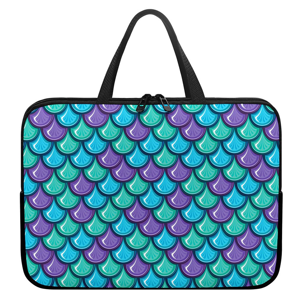 Teal Mermaid Scales Pattern Print Laptop Sleeve With Handle