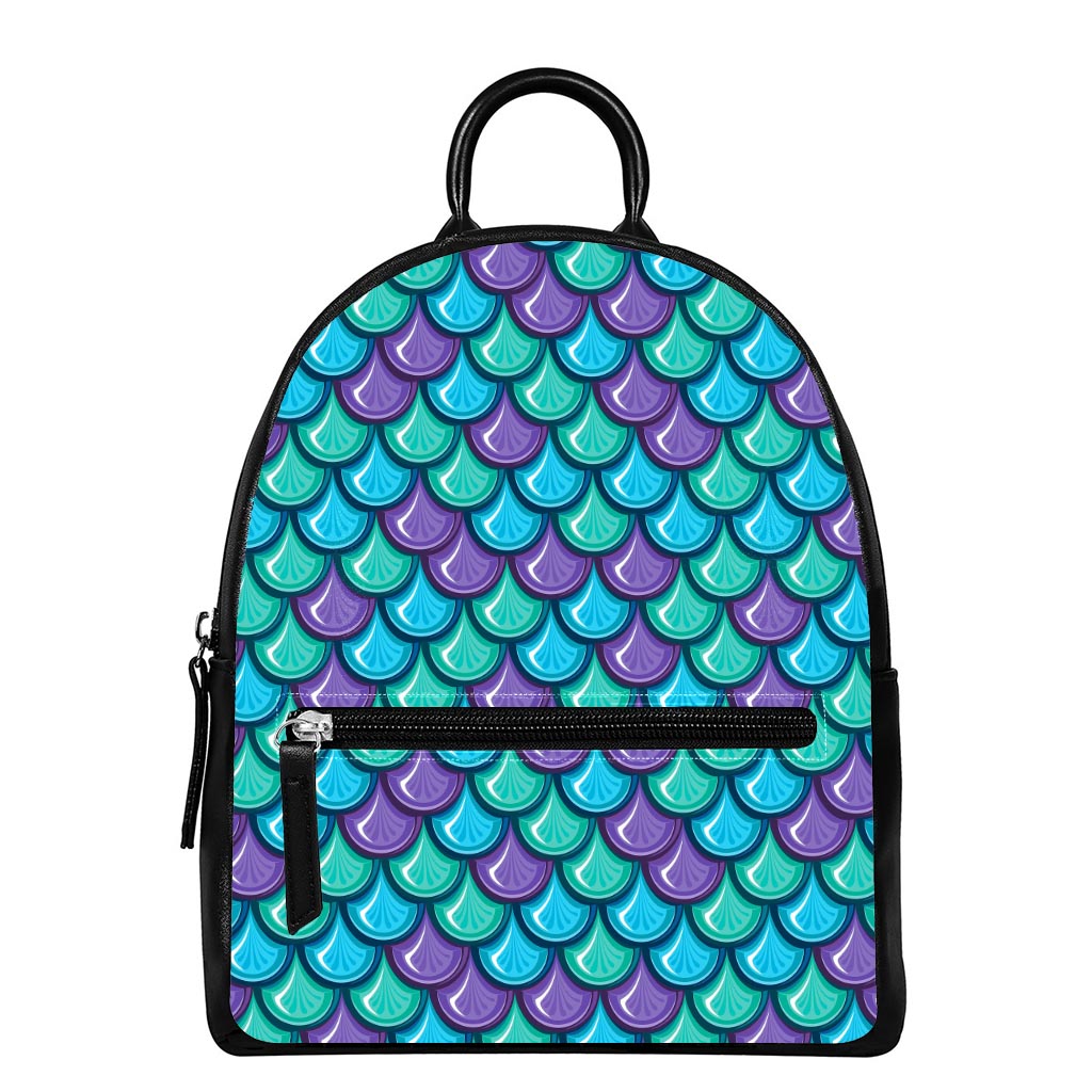 Teal Mermaid Scales Pattern Print Leather Backpack