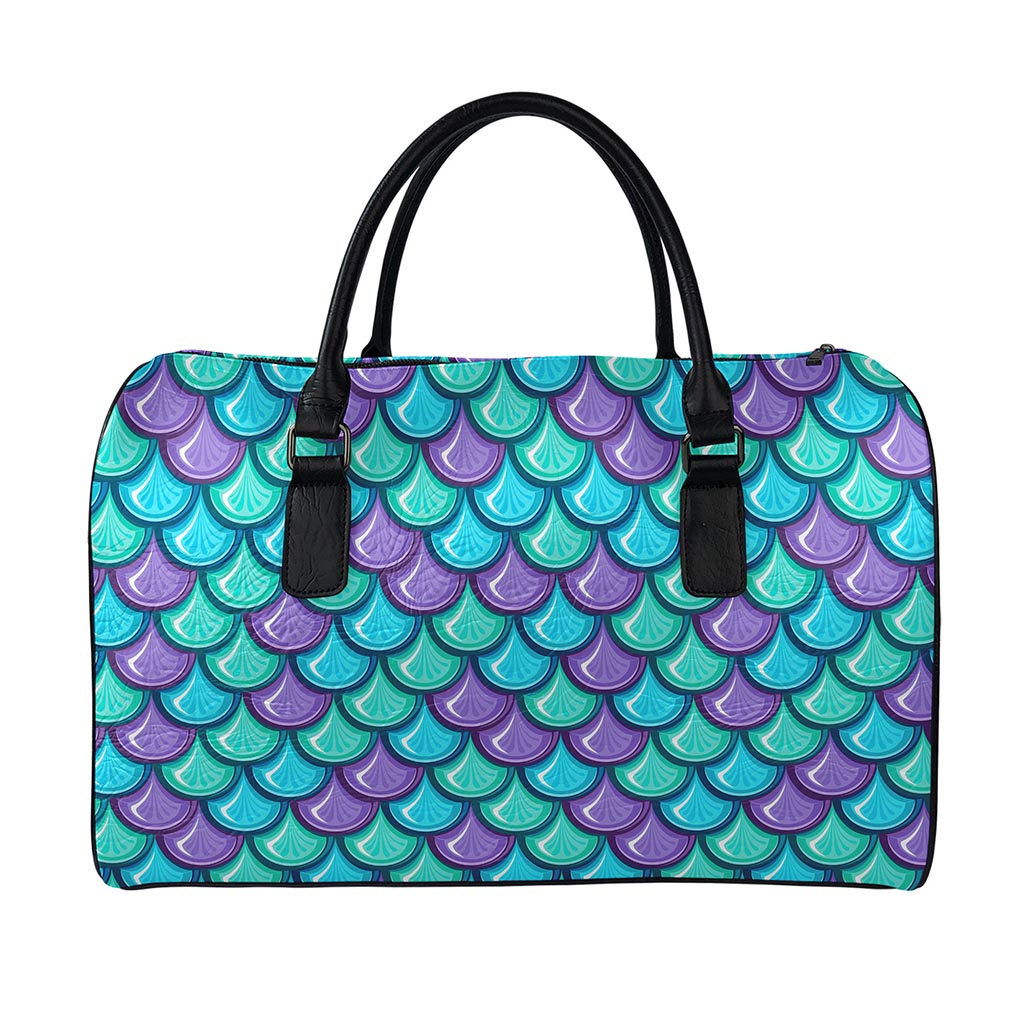 Teal Mermaid Scales Pattern Print Leather Duffle Bag