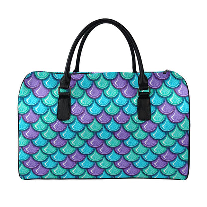 Teal Mermaid Scales Pattern Print Leather Duffle Bag