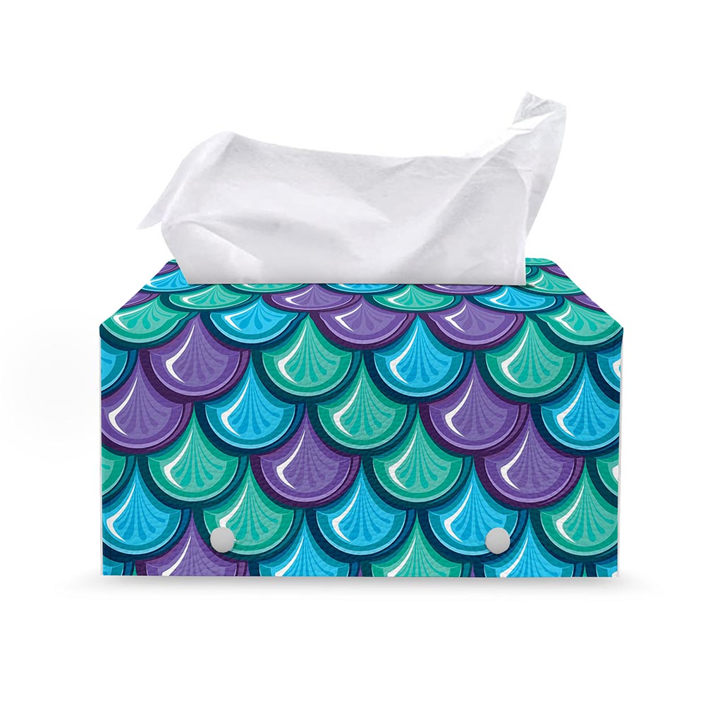 Teal Mermaid Scales Pattern Print Leather Tissue Box Cover