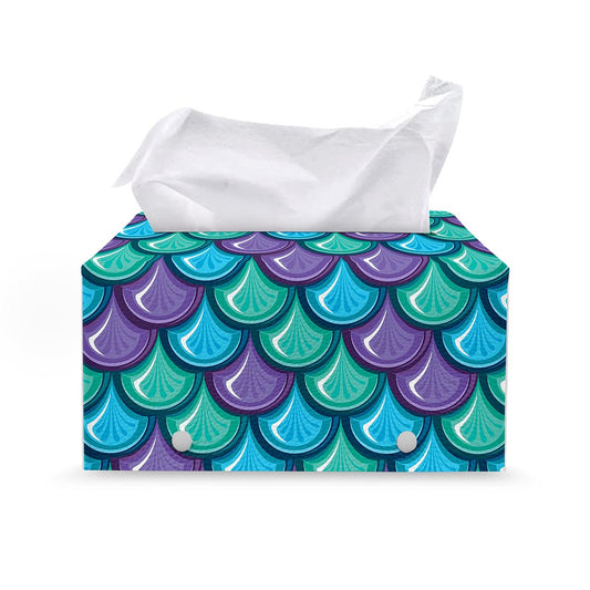 Teal Mermaid Scales Pattern Print Leather Tissue Box Cover