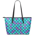 Teal Mermaid Scales Pattern Print Leather Tote Bag With Zipper