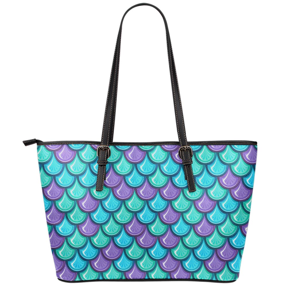 Teal Mermaid Scales Pattern Print Leather Tote Bag