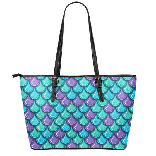 Teal Mermaid Scales Pattern Print Leather Tote Bag