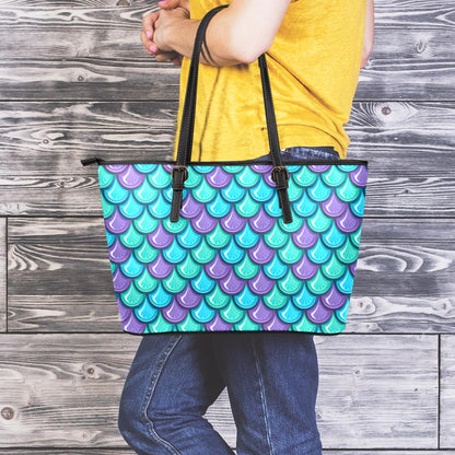 Teal Mermaid Scales Pattern Print Leather Tote Bag
