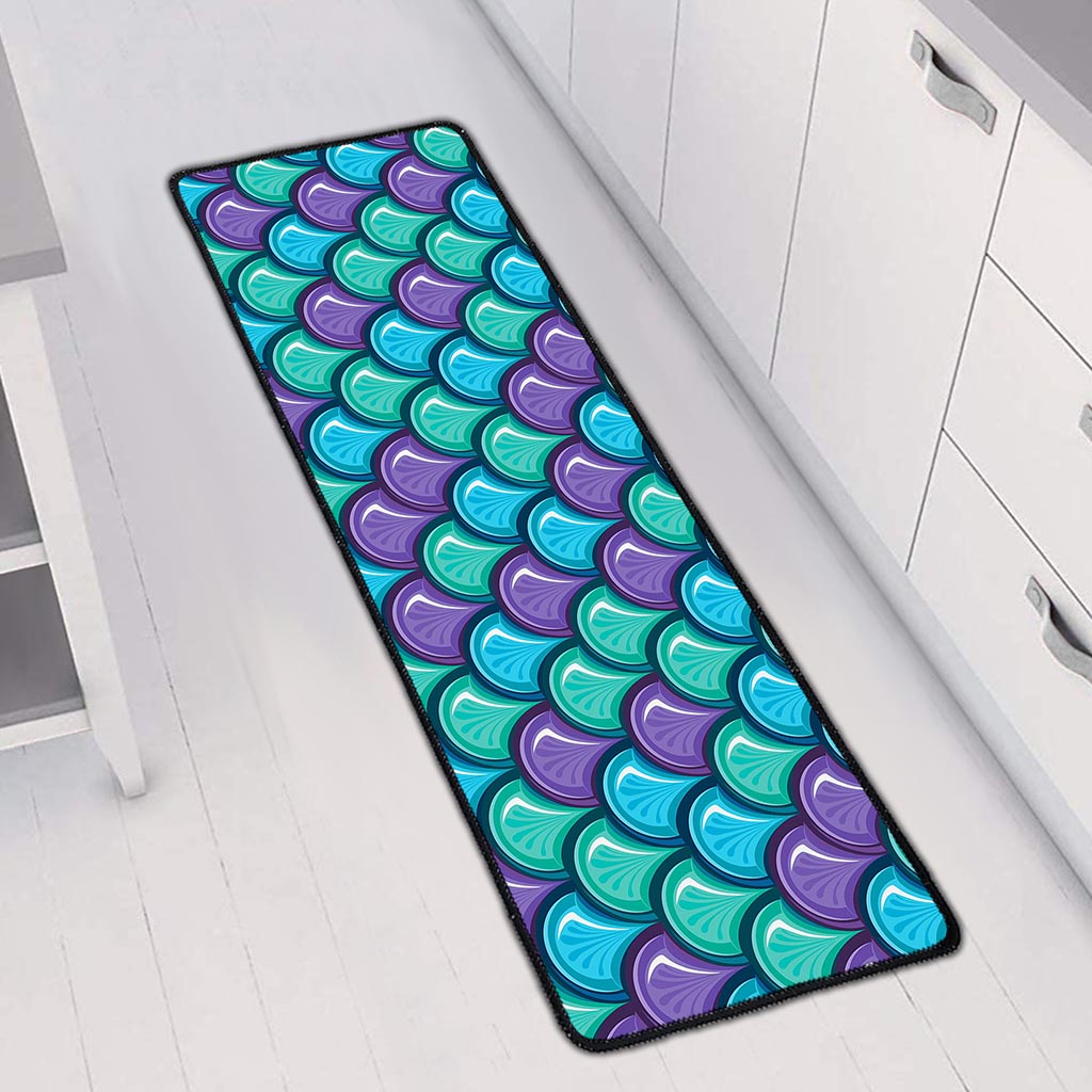 Teal Mermaid Scales Pattern Print Long Kitchen Mat