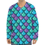 Teal Mermaid Scales Pattern Print Long Sleeve Baseball Jersey