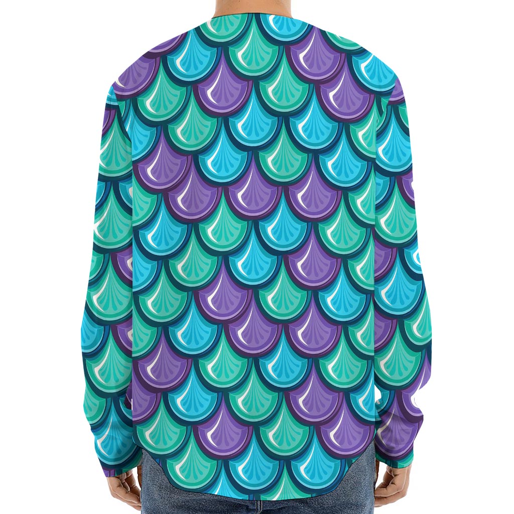 Teal Mermaid Scales Pattern Print Long Sleeve Baseball Jersey