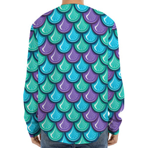 Teal Mermaid Scales Pattern Print Long Sleeve Baseball Jersey