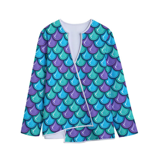 Teal Mermaid Scales Pattern Print Long Sleeve Short Coat