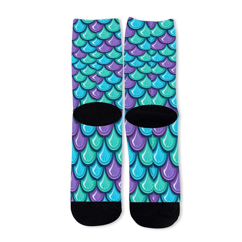 Teal Mermaid Scales Pattern Print Long Socks