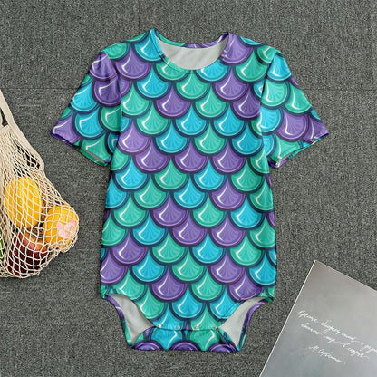 Teal Mermaid Scales Pattern Print Men's Bodysuit
