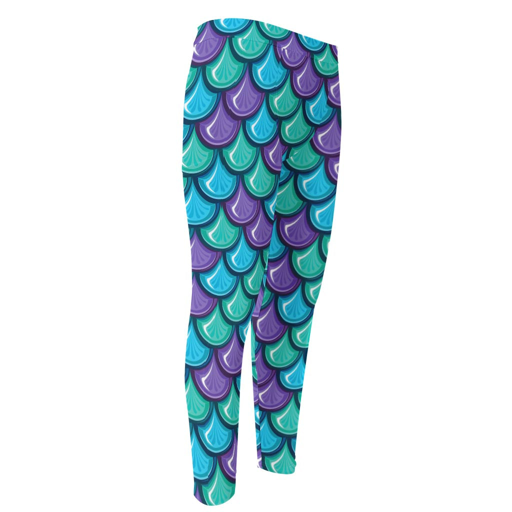 Teal Mermaid Scales Pattern Print Men's Compression Pants