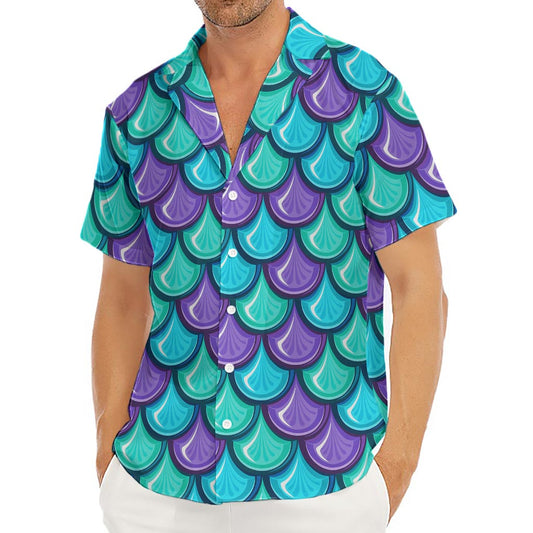 Teal Mermaid Scales Pattern Print Men's Deep V-Neck Shirt