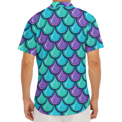 Teal Mermaid Scales Pattern Print Men's Deep V-Neck Shirt