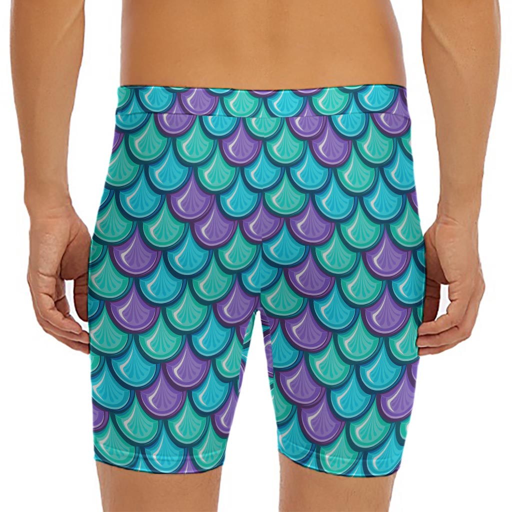 Teal Mermaid Scales Pattern Print Men's Long Boxer Briefs