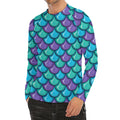 Teal Mermaid Scales Pattern Print Men's Long Sleeve Rash Guard