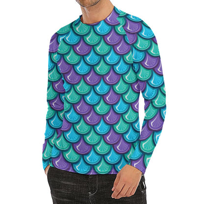 Teal Mermaid Scales Pattern Print Men's Long Sleeve Rash Guard