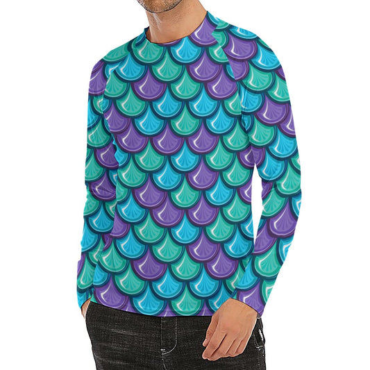 Teal Mermaid Scales Pattern Print Men's Long Sleeve Rash Guard