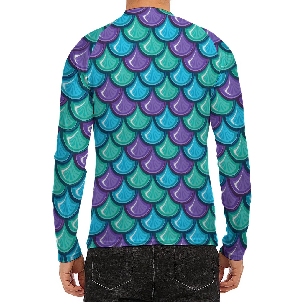 Teal Mermaid Scales Pattern Print Men's Long Sleeve Rash Guard