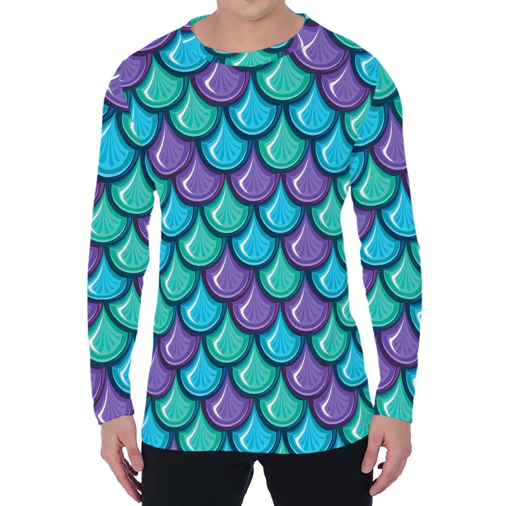 Teal Mermaid Scales Pattern Print Men's Long Sleeve T-Shirt