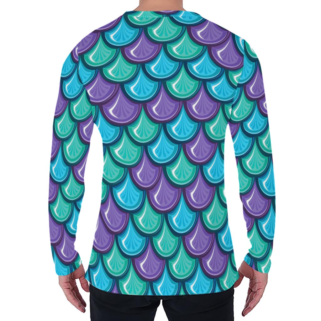 Teal Mermaid Scales Pattern Print Men's Long Sleeve T-Shirt