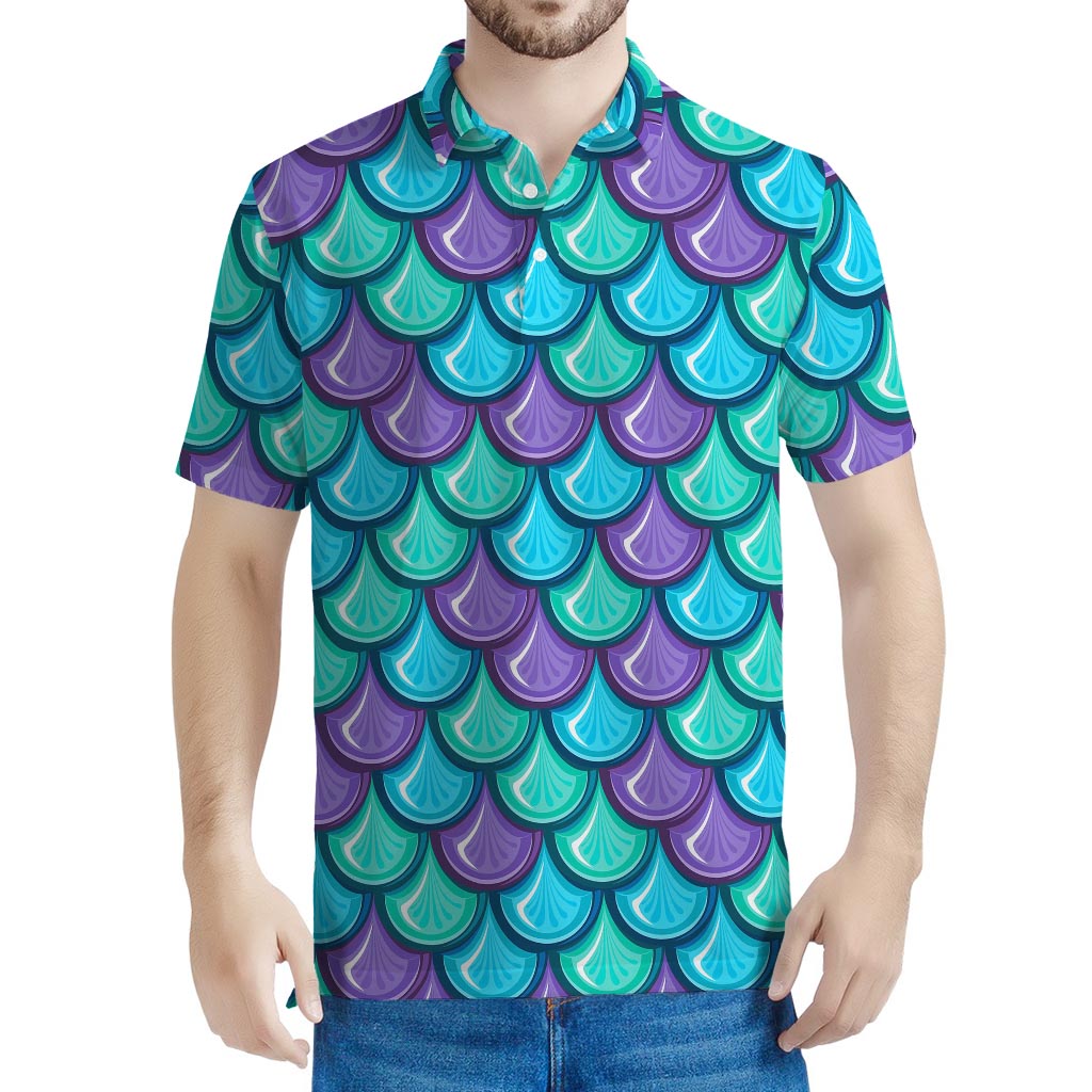 Teal Mermaid Scales Pattern Print Men's Polo Shirt