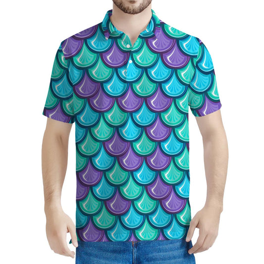 Teal Mermaid Scales Pattern Print Men's Polo Shirt