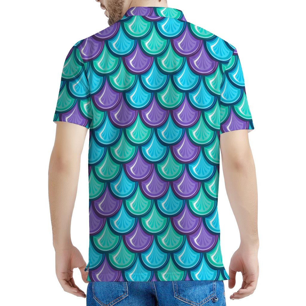 Teal Mermaid Scales Pattern Print Men's Polo Shirt