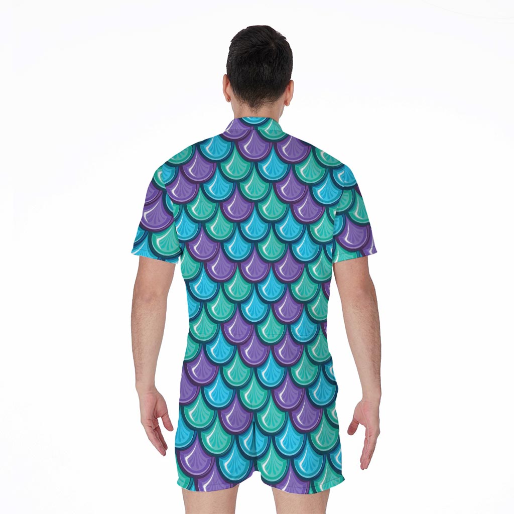 Teal Mermaid Scales Pattern Print Men's Rompers