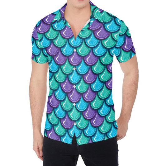 Teal Mermaid Scales Pattern Print Men's Shirt