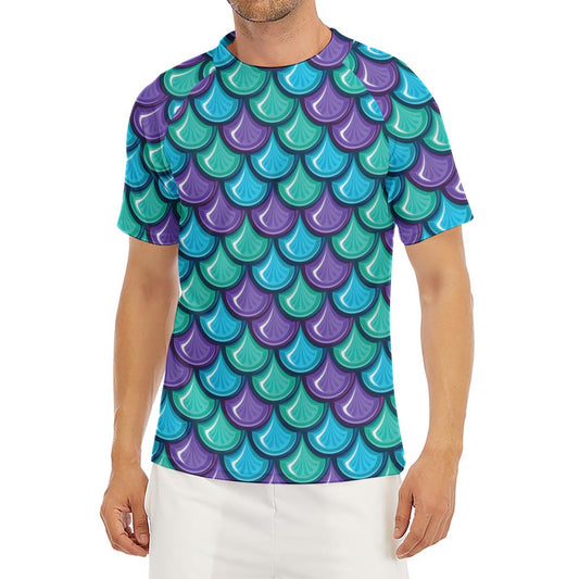 Teal Mermaid Scales Pattern Print Men's Short Sleeve Rash Guard