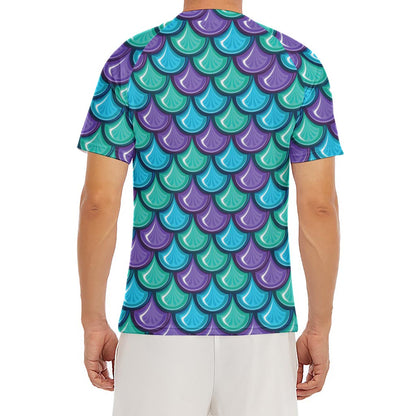 Teal Mermaid Scales Pattern Print Men's Short Sleeve Rash Guard
