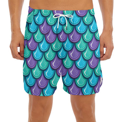 Teal Mermaid Scales Pattern Print Men's Split Running Shorts