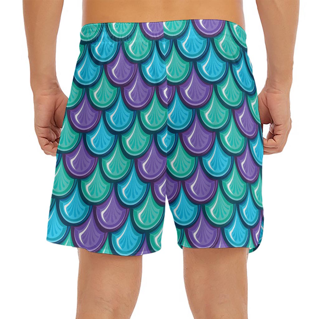 Teal Mermaid Scales Pattern Print Men's Split Running Shorts