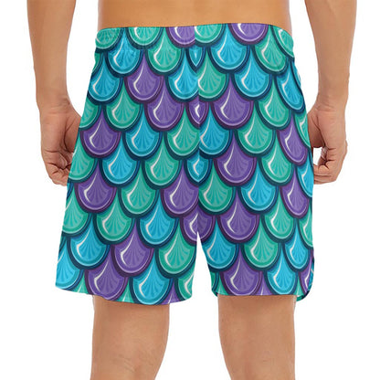 Teal Mermaid Scales Pattern Print Men's Split Running Shorts