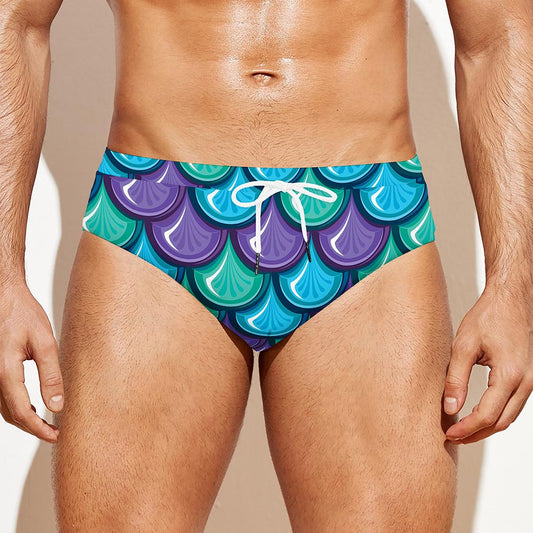 Teal Mermaid Scales Pattern Print Men's Swim Briefs