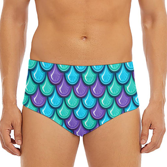 Teal Mermaid Scales Pattern Print Men's Triangle Swim Briefs