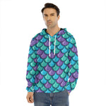 Teal Mermaid Scales Pattern Print Men's Velvet Pullover Hoodie