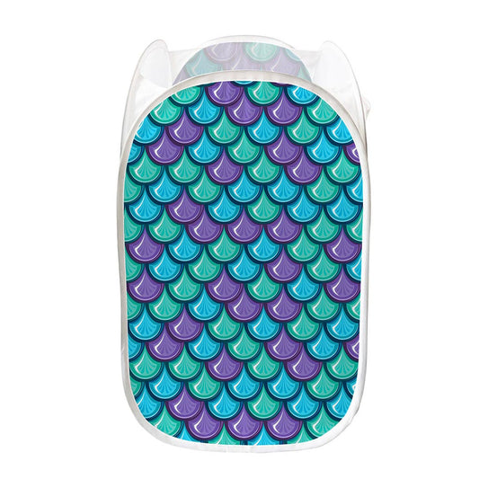 Teal Mermaid Scales Pattern Print Mesh Laundry Hamper