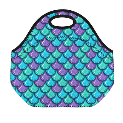 Teal Mermaid Scales Pattern Print Neoprene Lunch Bag