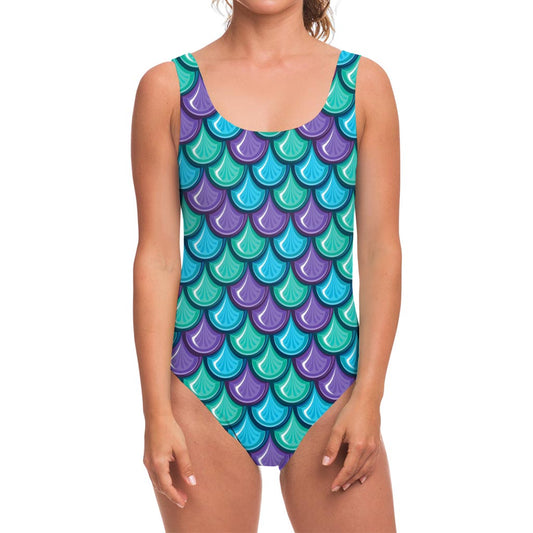 Teal Mermaid Scales Pattern Print One Piece Swimsuit