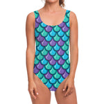 Teal Mermaid Scales Pattern Print One Piece Swimsuit