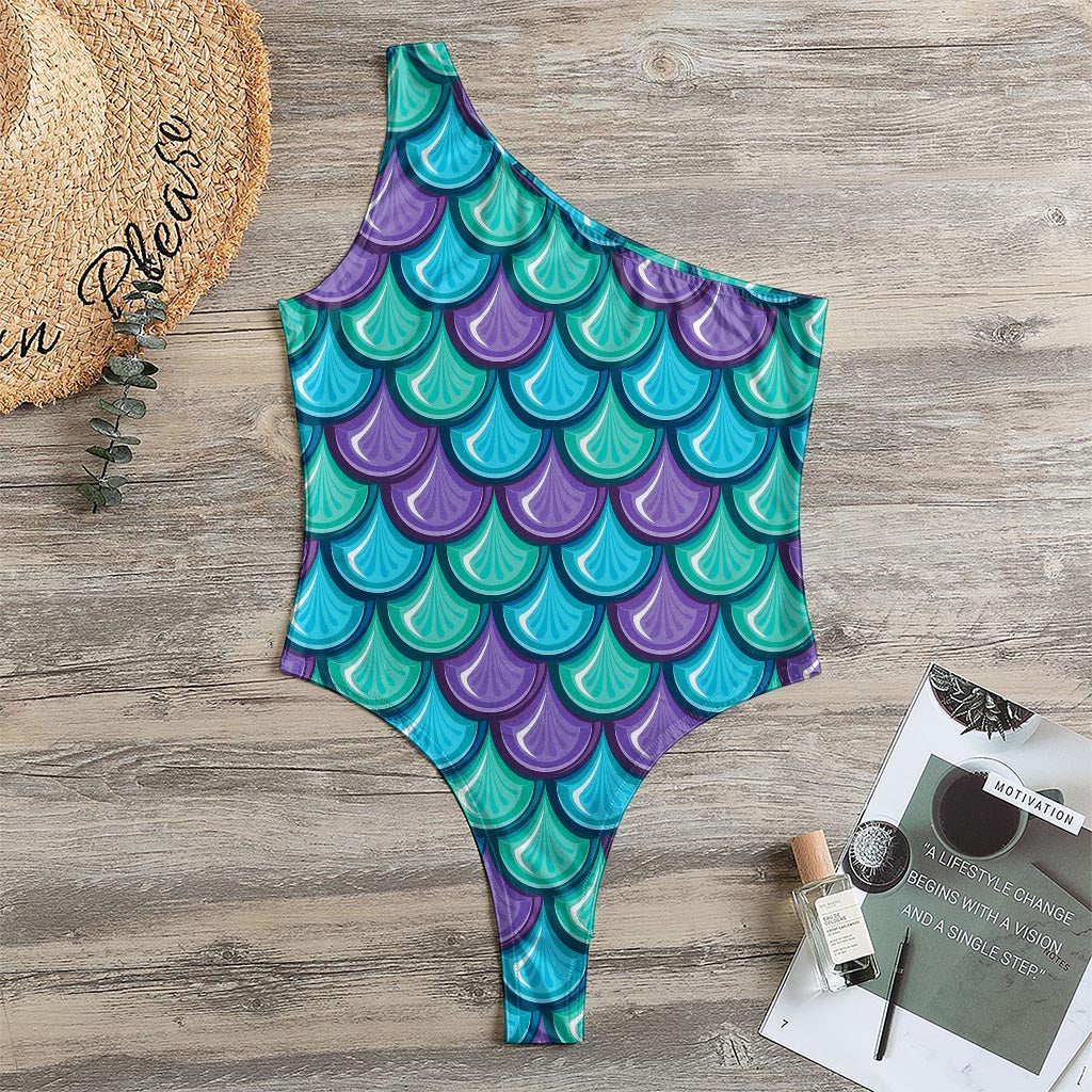 Teal Mermaid Scales Pattern Print One Shoulder Bodysuit