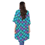 Teal Mermaid Scales Pattern Print Open Front Beach Cover Up
