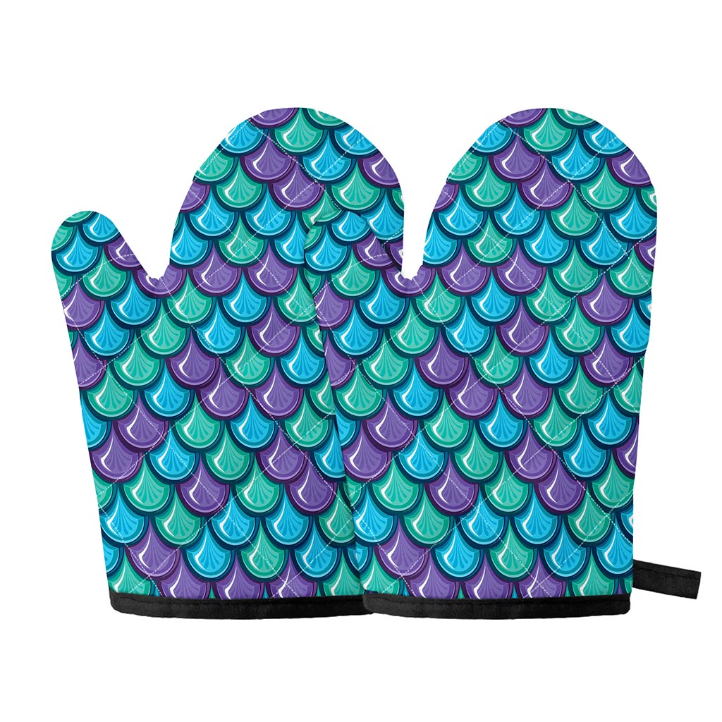 Teal Mermaid Scales Pattern Print Oven Mitts