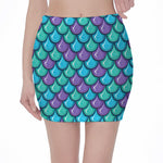 Teal Mermaid Scales Pattern Print Pencil Mini Skirt