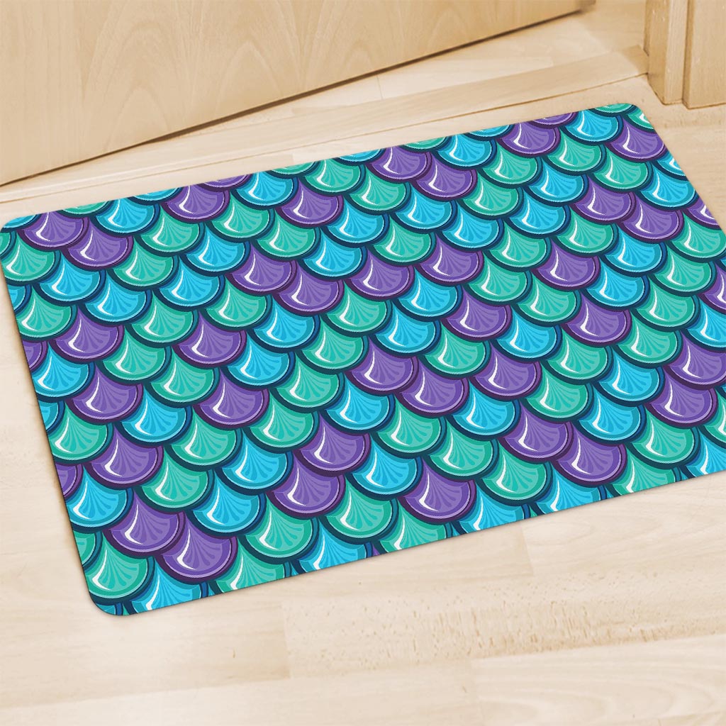 Teal Mermaid Scales Pattern Print Polyester Doormat